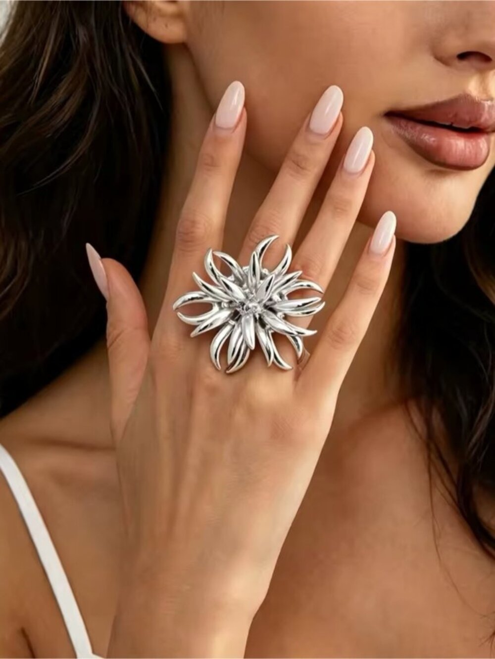 Viral Silver tone Heavy metal Firework  Floral Statement Ring - Women Jewelry